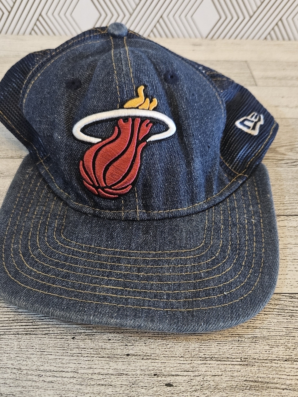 New Era Vintage NBA Miami Heat Denim Mesh Snap Back Denim Baseball Cap One Size
